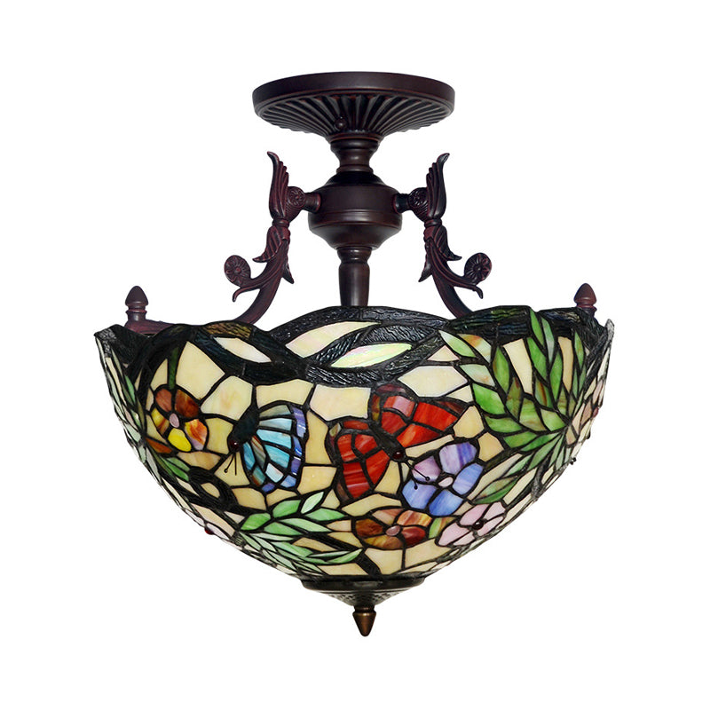 Bronze 3-Light Semi Flush Ceiling Light with Mediterranean Beige/Red/Yellow Glass Shade for Living Room