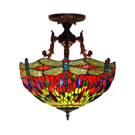 Bronze 3-Light Semi Flush Ceiling Light With Beige/Red/Yellow Mediterranean Glass Shade For Living