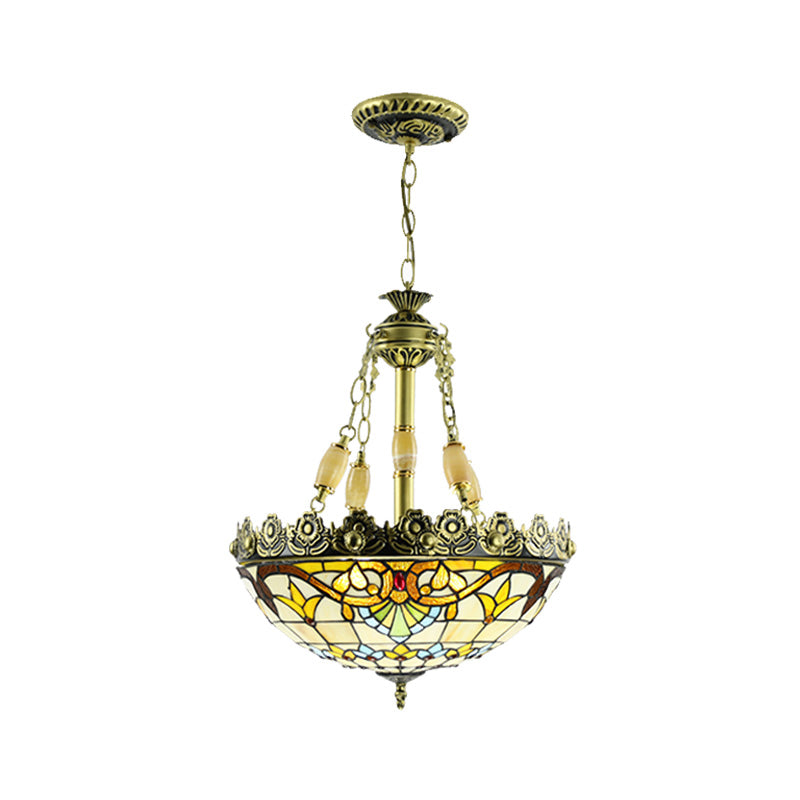 Mediterranean Domed Stained Glass Chandelier: 3/4 Lights Yellow/Blue Kitchen Pendant Light Kit