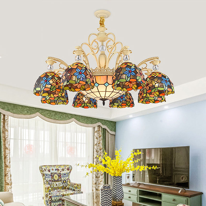 Mediterranean Floral Chandelier Lighting - 6/9/11 Lights Stained Glass Pendant Light Kit (Orange)