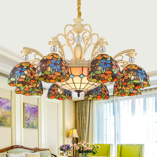 Floral Chandelier Lighting - Mediterranean Stained Art Glass Pendant Light Kit (6/9/11 Lights) In