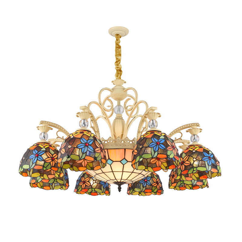 Mediterranean Floral Chandelier Lighting - 6/9/11 Lights Stained Glass Pendant Light Kit (Orange)