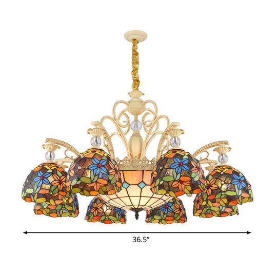 Floral Chandelier Lighting - Mediterranean Stained Art Glass Pendant Light Kit (6/9/11 Lights) In