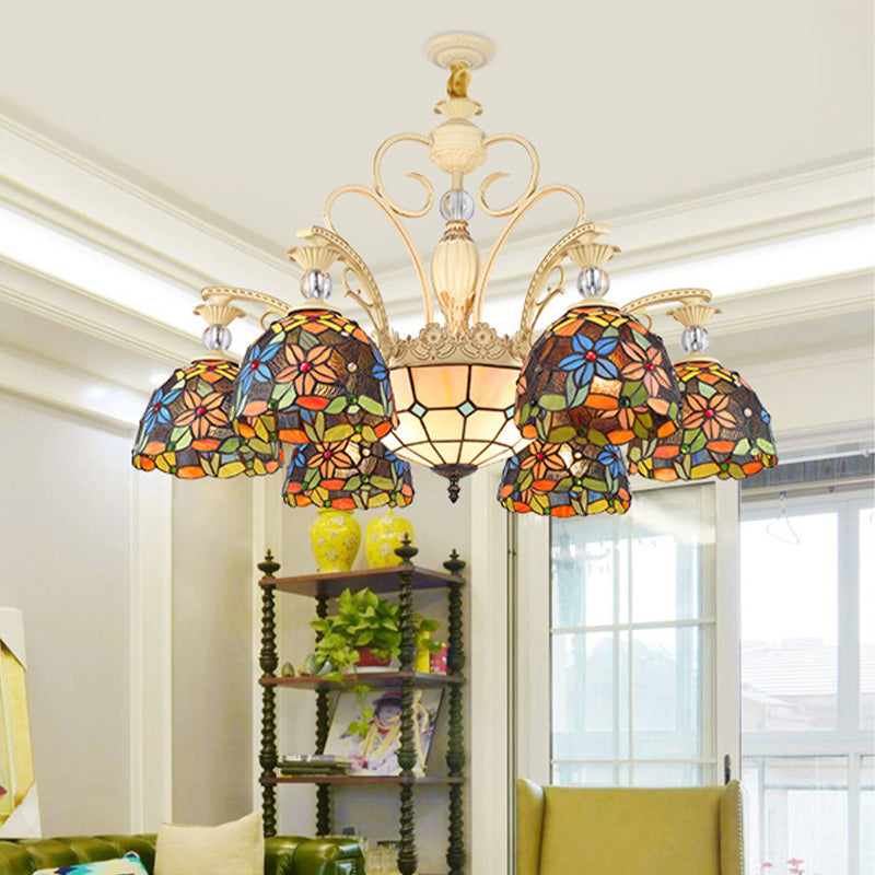 Mediterranean Floral Chandelier Lighting - 6/9/11 Lights Stained Glass Pendant Light Kit (Orange)