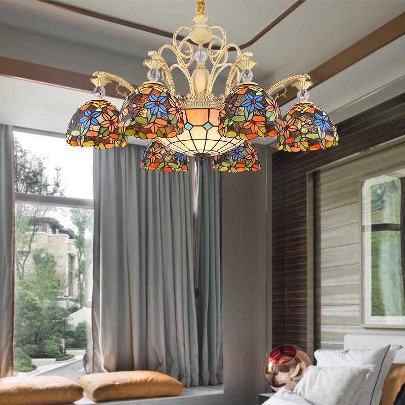 Mediterranean Floral Chandelier Lighting - 6/9/11 Lights Stained Glass Pendant Light Kit (Orange)