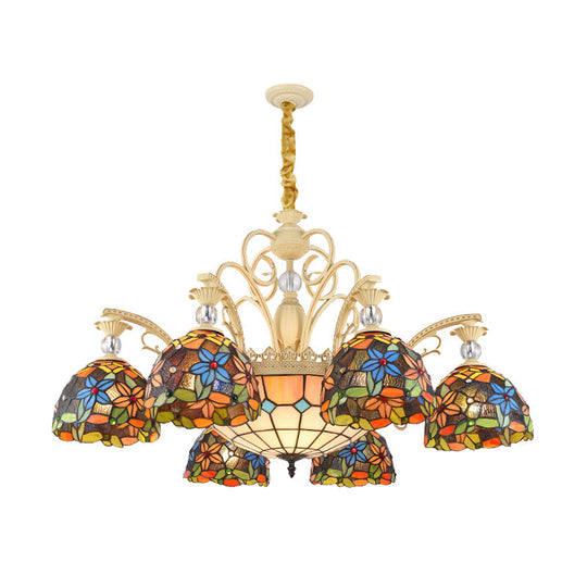 Mediterranean Floral Chandelier Lighting - 6/9/11 Lights Stained Glass Pendant Light Kit (Orange)