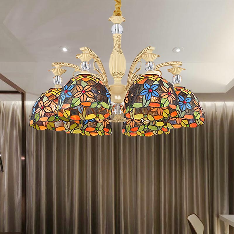 Mediterranean Floral Chandelier Lighting - 6/9/11 Lights Stained Glass Pendant Light Kit (Orange)