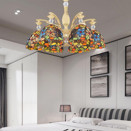 Mediterranean Floral Chandelier Lighting - 6/9/11 Lights Stained Glass Pendant Light Kit (Orange)