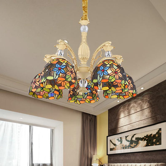 Mediterranean Floral Chandelier Lighting - 6/9/11 Lights Stained Glass Pendant Light Kit (Orange)