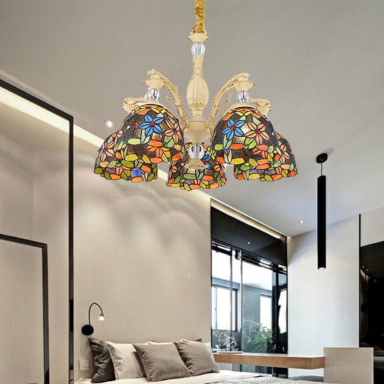 Mediterranean Floral Chandelier Lighting - 6/9/11 Lights Stained Glass Pendant Light Kit (Orange)