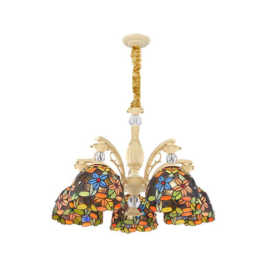 Mediterranean Floral Chandelier Lighting - 6/9/11 Lights Stained Glass Pendant Light Kit (Orange)