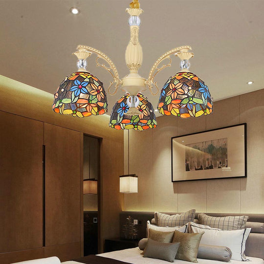 Mediterranean Floral Chandelier Lighting - 6/9/11 Lights Stained Glass Pendant Light Kit (Orange)