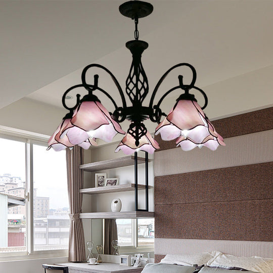 Tiffany Glass Petal Chandelier Light Fixture - 5/8 Lights with Black Ceiling Pendant for Bedroom in Pink/Blue