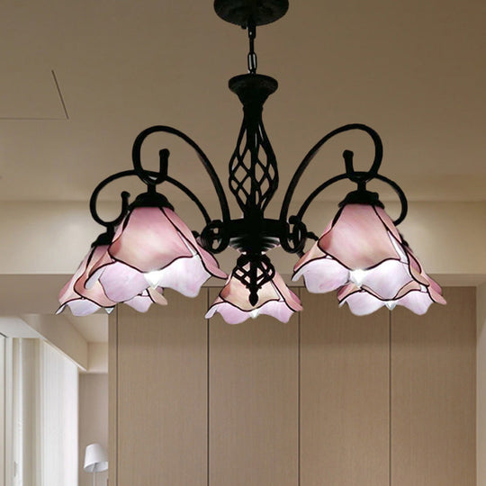 Tiffany Glass Petal Chandelier Light Fixture - 5/8 Lights with Black Ceiling Pendant for Bedroom in Pink/Blue