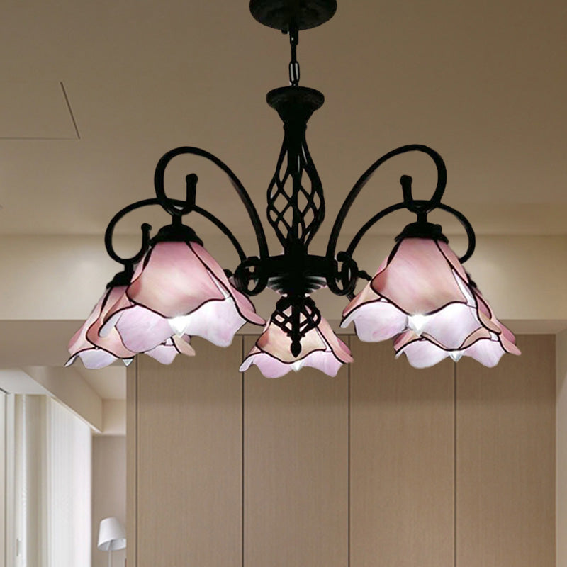 Tiffany Style Petal Chandelier With Pink/Blue Glass Shades - 5/8 Light Black Pendant For Bedroom