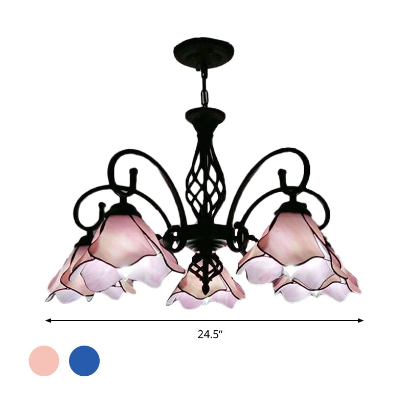 Tiffany Glass Petal Chandelier Light Fixture - 5/8 Lights with Black Ceiling Pendant for Bedroom in Pink/Blue