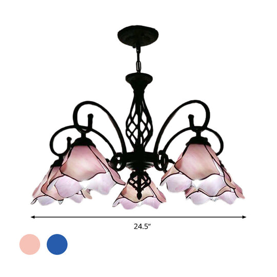 Tiffany Style Petal Chandelier With Pink/Blue Glass Shades - 5/8 Light Black Pendant For Bedroom