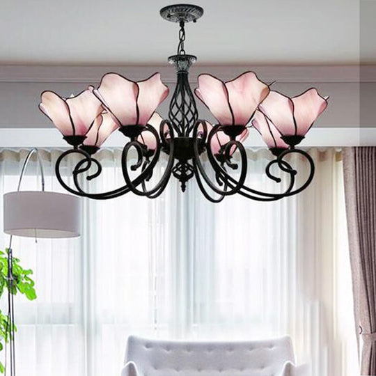 Tiffany Glass Petal Chandelier Light Fixture - 5/8 Lights with Black Ceiling Pendant for Bedroom in Pink/Blue