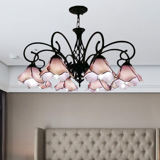 Tiffany Glass Petal Chandelier Light Fixture - 5/8 Lights with Black Ceiling Pendant for Bedroom in Pink/Blue