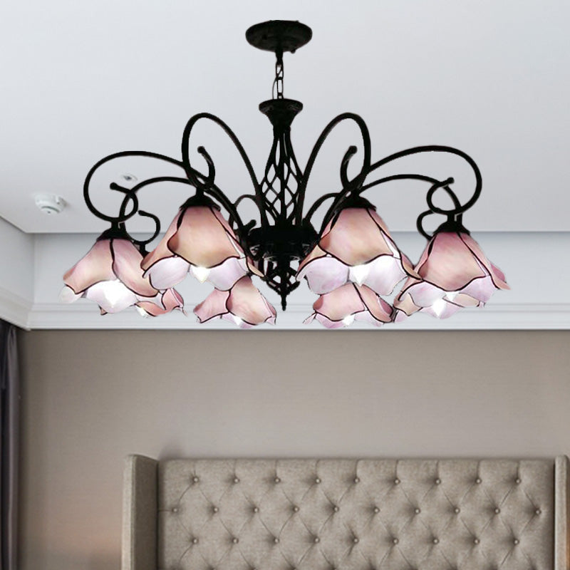 Tiffany Style Petal Chandelier With Pink/Blue Glass Shades - 5/8 Light Black Pendant For Bedroom