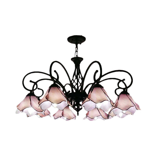 Tiffany Glass Petal Chandelier Light Fixture - 5/8 Lights with Black Ceiling Pendant for Bedroom in Pink/Blue