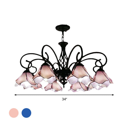 Tiffany Glass Petal Chandelier Light Fixture - 5/8 Lights with Black Ceiling Pendant for Bedroom in Pink/Blue