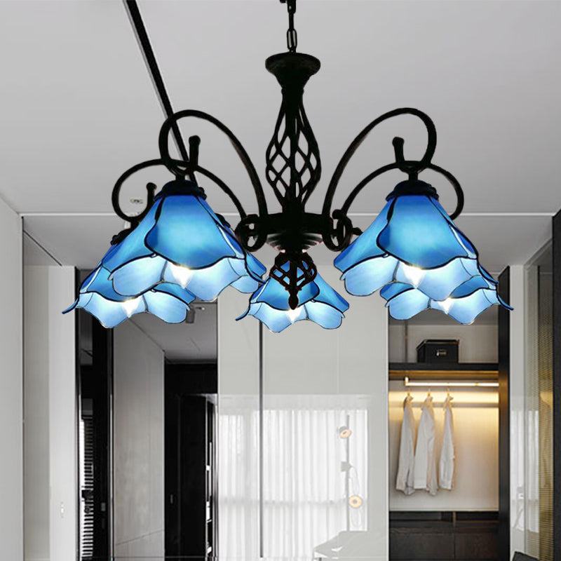 Tiffany Style Petal Chandelier With Pink/Blue Glass Shades - 5/8 Light Black Pendant For Bedroom 5 /