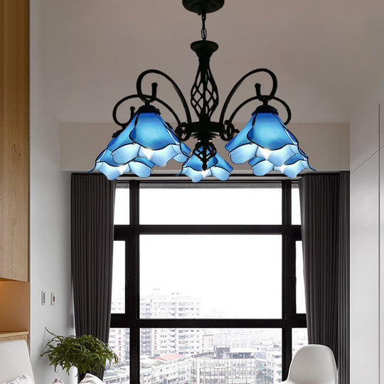 Tiffany Style Petal Chandelier With Pink/Blue Glass Shades - 5/8 Light Black Pendant For Bedroom