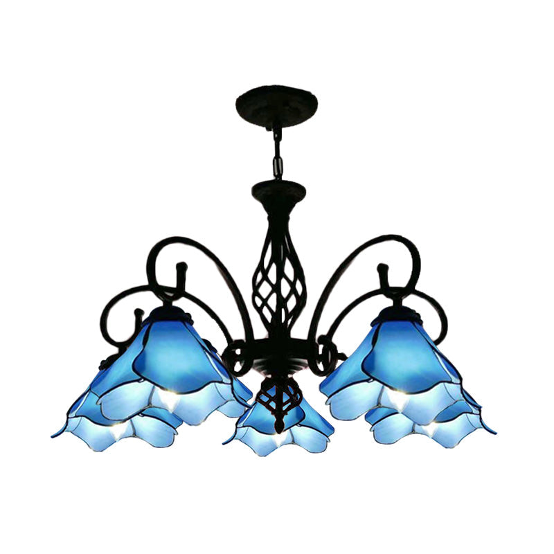 Tiffany Glass Petal Chandelier Light Fixture - 5/8 Lights with Black Ceiling Pendant for Bedroom in Pink/Blue