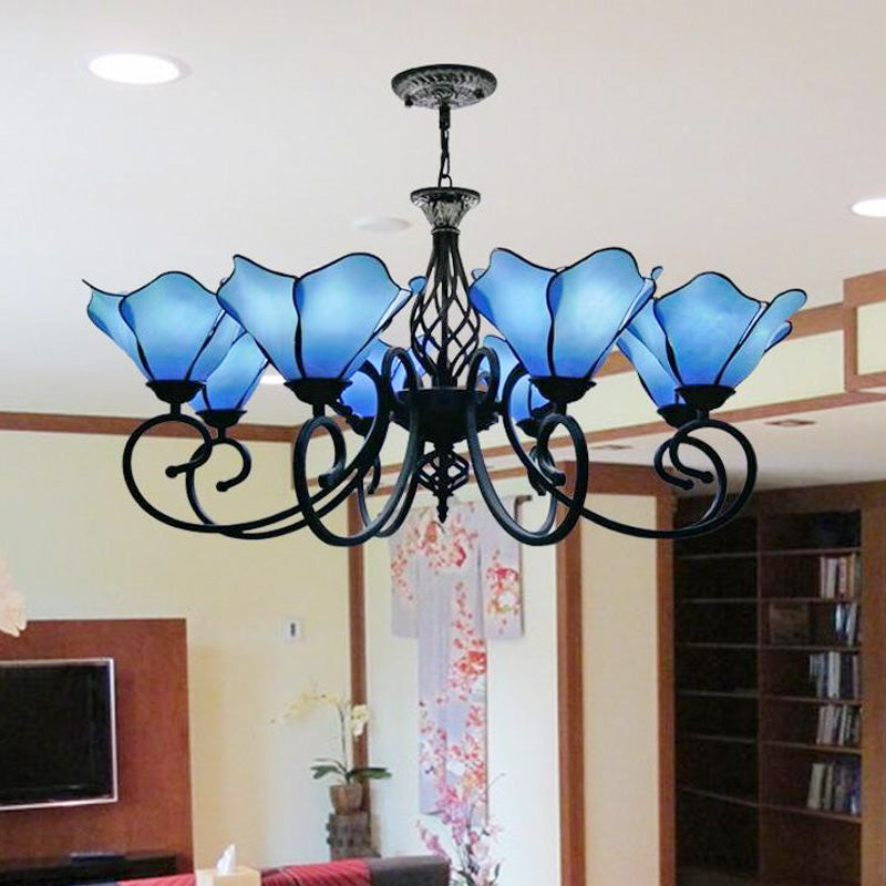 Tiffany Glass Petal Chandelier Light Fixture - 5/8 Lights with Black Ceiling Pendant for Bedroom in Pink/Blue