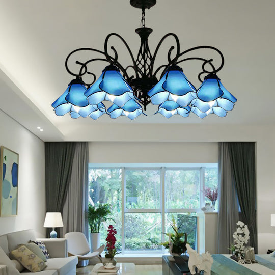 Tiffany Glass Petal Chandelier Light Fixture - 5/8 Lights with Black Ceiling Pendant for Bedroom in Pink/Blue