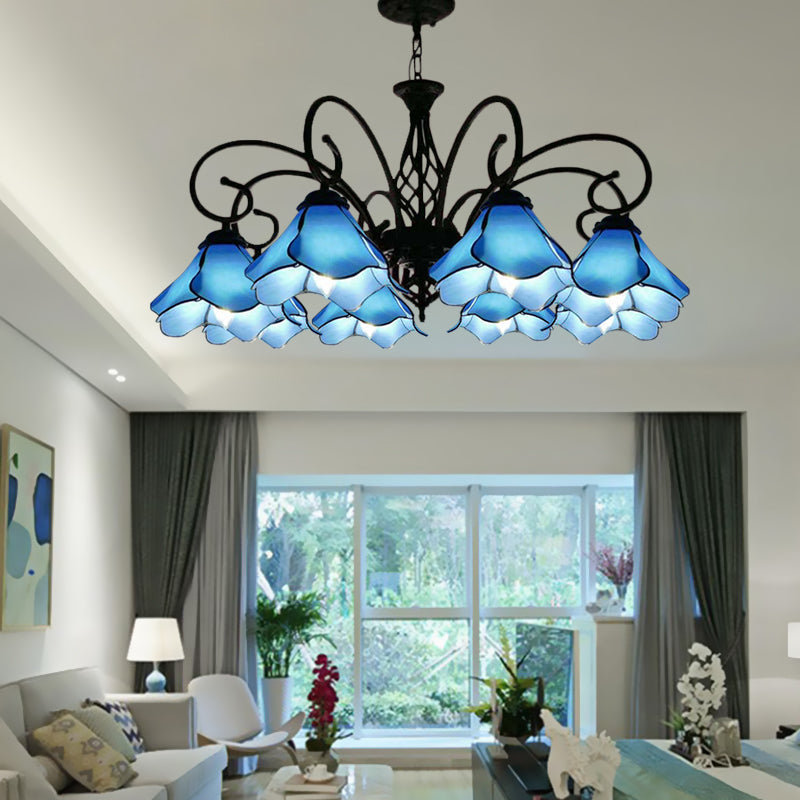 Tiffany Style Petal Chandelier With Pink/Blue Glass Shades - 5/8 Light Black Pendant For Bedroom