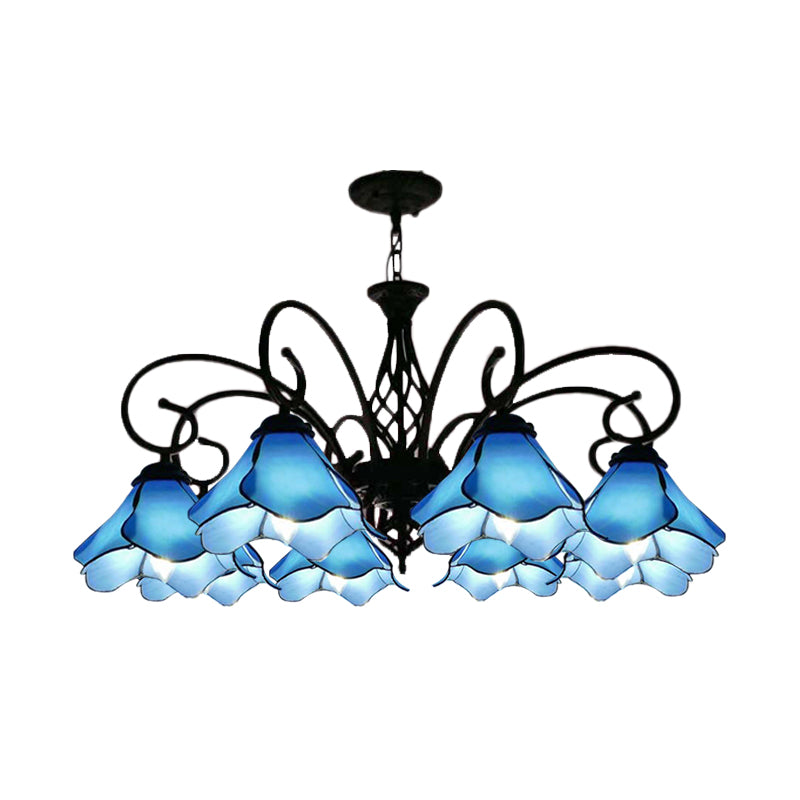 Tiffany Glass Petal Chandelier Light Fixture - 5/8 Lights with Black Ceiling Pendant for Bedroom in Pink/Blue