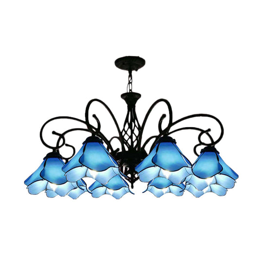 Tiffany Style Petal Chandelier With Pink/Blue Glass Shades - 5/8 Light Black Pendant For Bedroom