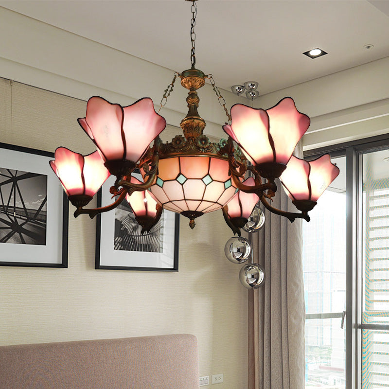 Baroque Black Chandelier Lamp with Floral Glass Shades - 7/9 Lights for Living Room