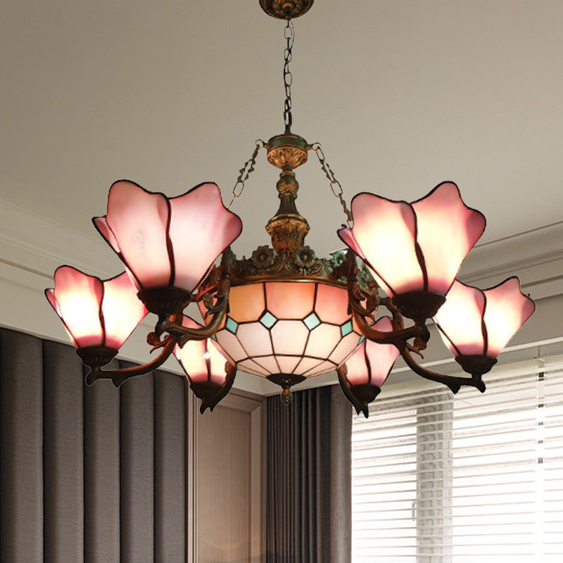 Baroque Black Chandelier: 7/9-Light Living Room Pendant Lamp With Floral Glass Shades