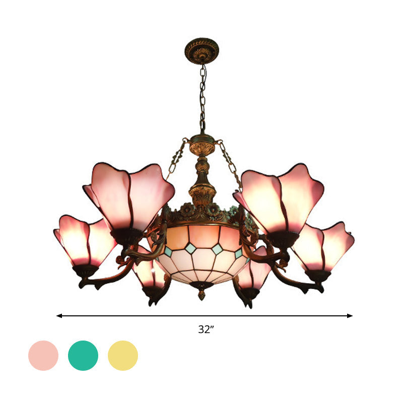 Baroque Black Chandelier Lamp with Floral Glass Shades - 7/9 Lights for Living Room