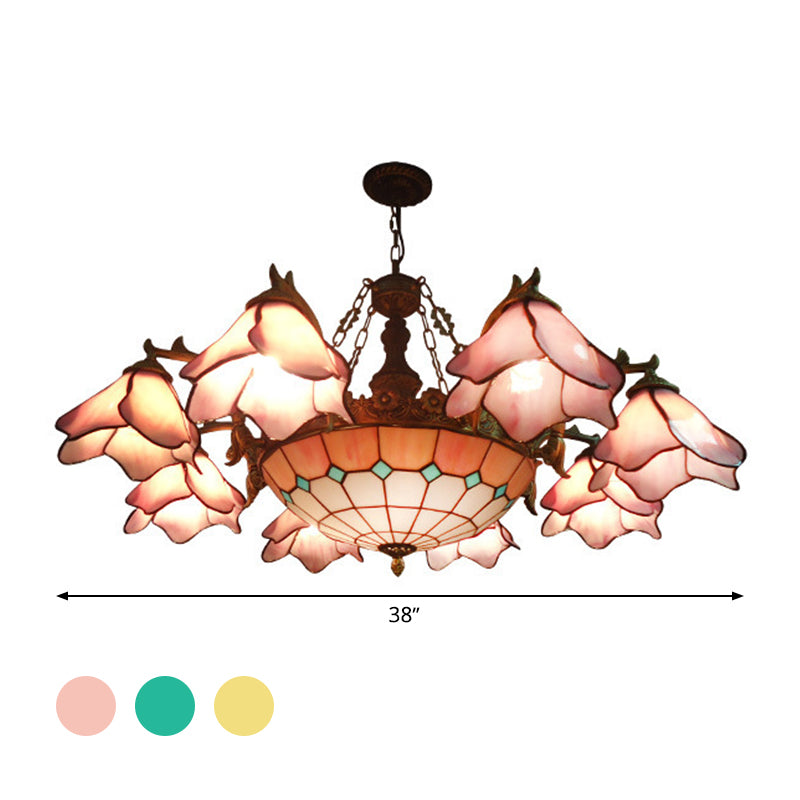 Baroque Black Chandelier Lamp with Floral Glass Shades - 7/9 Lights for Living Room