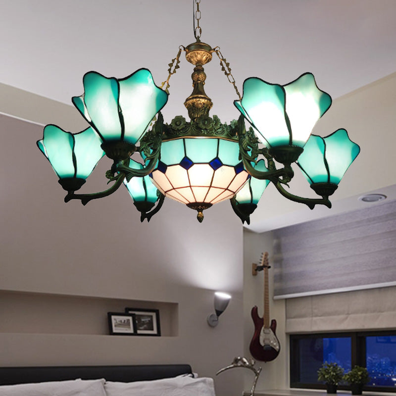 Baroque Black Chandelier: 7/9-Light Living Room Pendant Lamp With Floral Glass Shades