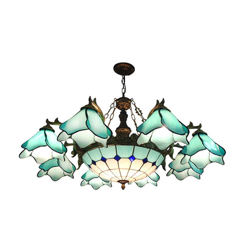 Baroque Black Chandelier Lamp with Floral Glass Shades - 7/9 Lights for Living Room