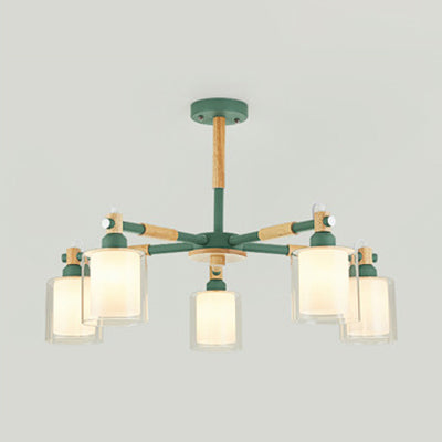 Kid Bedroom Pendant Light Fixture With 5 Bulbs - Simple Style Metal Cylinder Hanging Lights Green