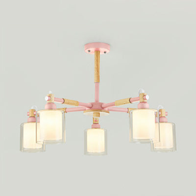 Kid Bedroom Pendant Light Fixture With 5 Bulbs - Simple Style Metal Cylinder Hanging Lights Pink