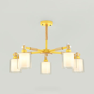 Kid Bedroom Pendant Light Fixture With 5 Bulbs - Simple Style Metal Cylinder Hanging Lights Yellow