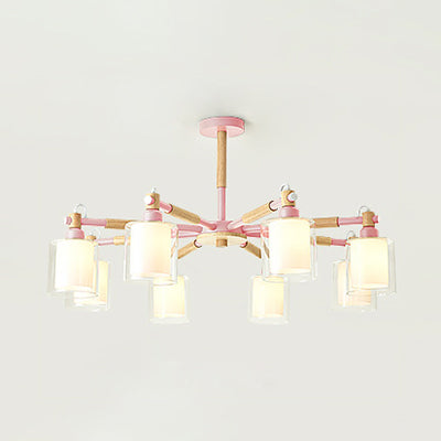 Modern Style Cylinder Hanging Lights With 8 Pendant For Living Room Pink