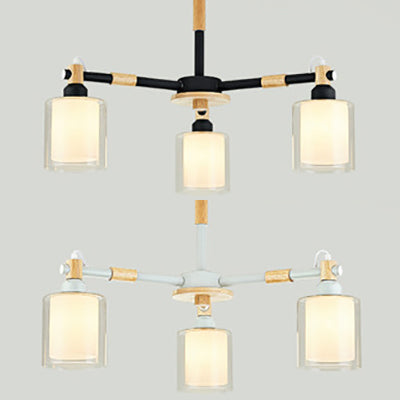 Modern Glass And Wood Cylinder Pendant Light Fixture With 3 Bulbs - Stylish Hanging Ceiling Lamp For