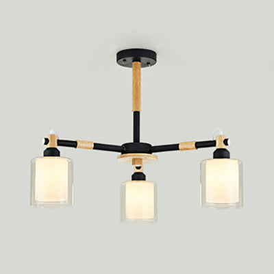 Modern Glass And Wood Cylinder Pendant Light Fixture With 3 Bulbs - Stylish Hanging Ceiling Lamp For