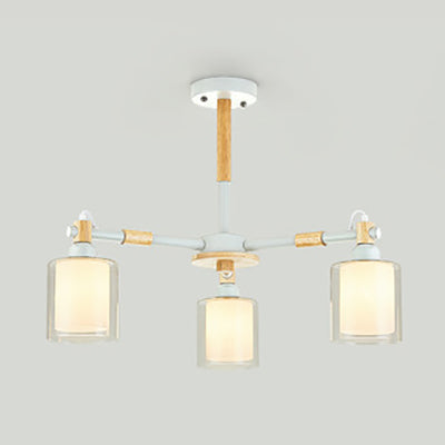 Modern Glass And Wood Cylinder Pendant Light Fixture With 3 Bulbs - Stylish Hanging Ceiling Lamp For