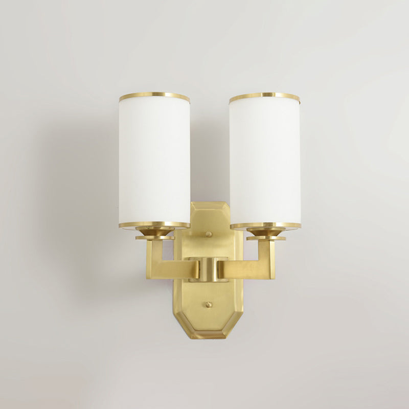 Gold Metal Wall Mount Light Fixture With Opal Glass Shade - 2 Head Modern Armed Sconce