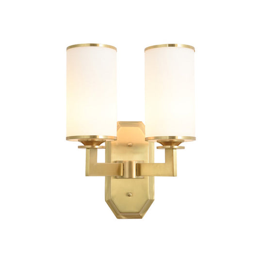 Gold Metal Wall Mount Light Fixture With Opal Glass Shade - 2 Head Modern Armed Sconce