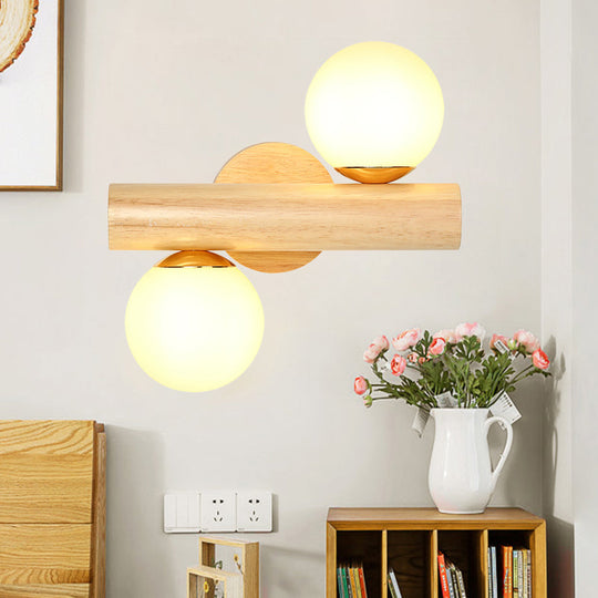 Japanese Wood Tube Wall Lamp- Beige Sconce Light Fixture With Milk Glass Shades (2 Heads)